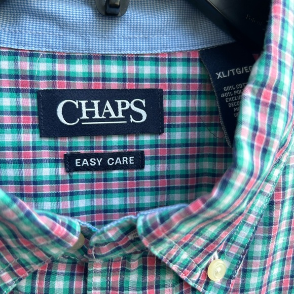 Chaps Easy Care Men’s Short Sleeve Button Down XL Pink Green Shirt C9 - Picture 4 of 5